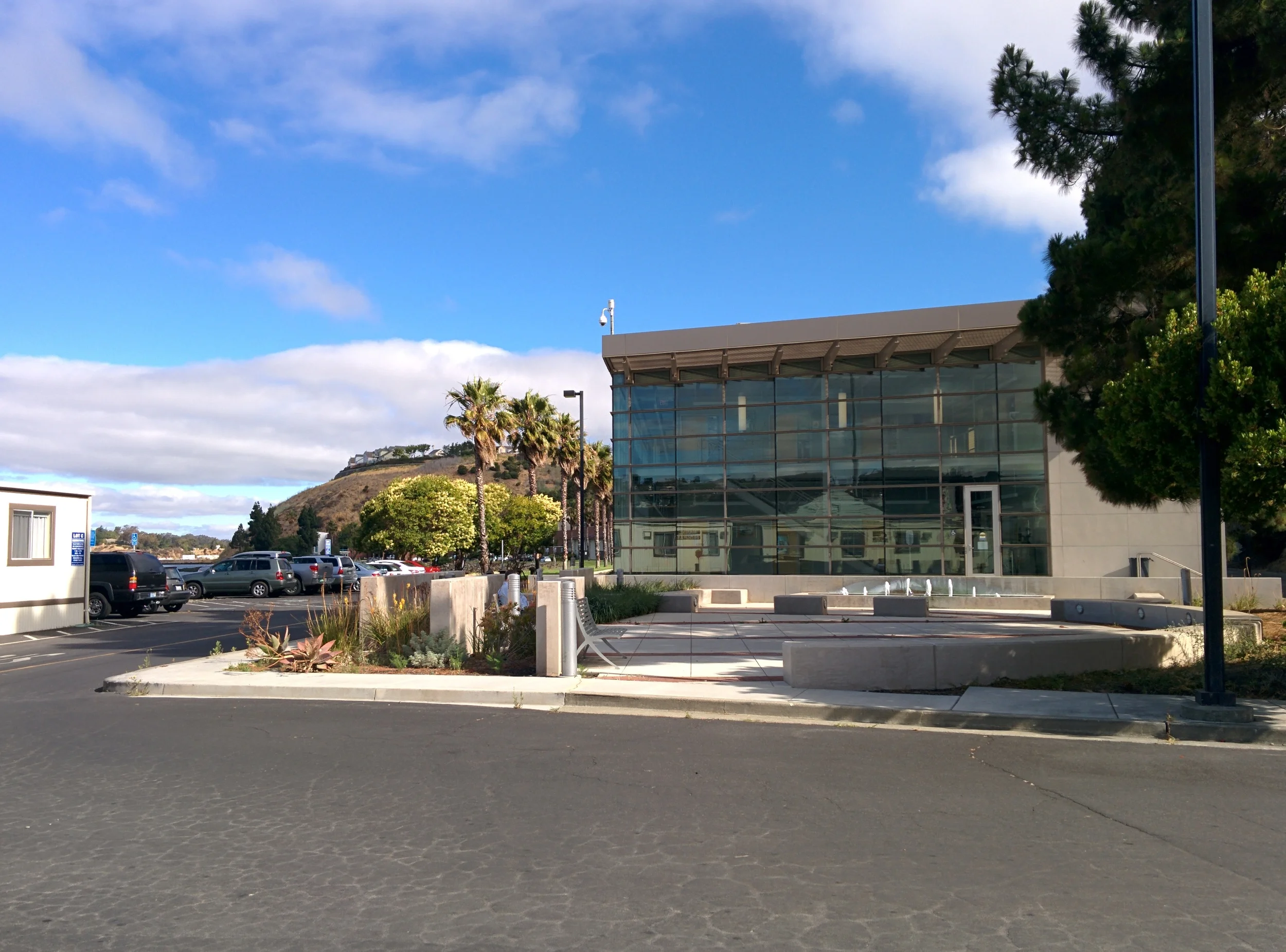 Glass, steel and concrete plazas.