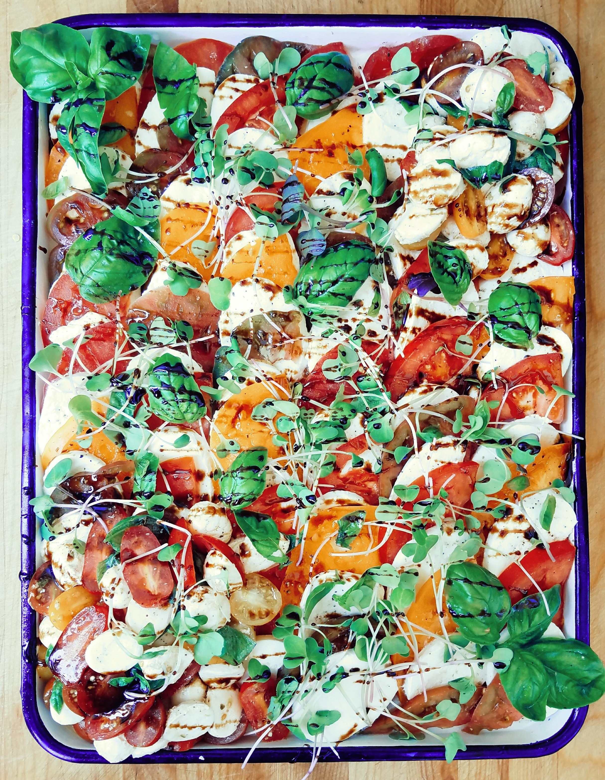 Heirloom Tomato + Mozzarella. micro greens. basil. xvoo. balsamc reduction.