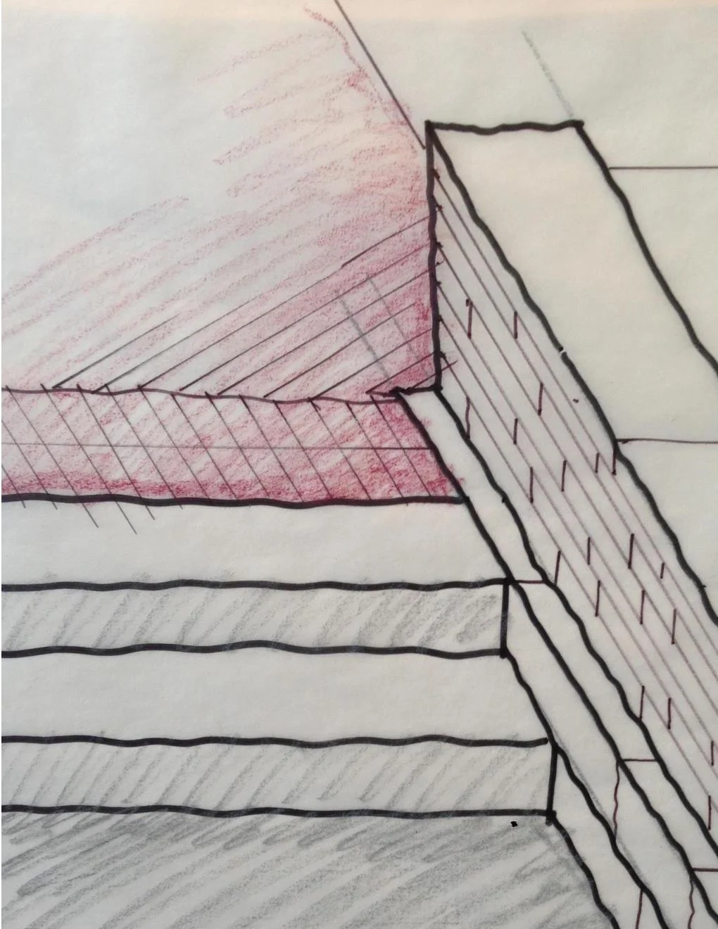A preliminary sketch for concrete steps meeting the seatwall.