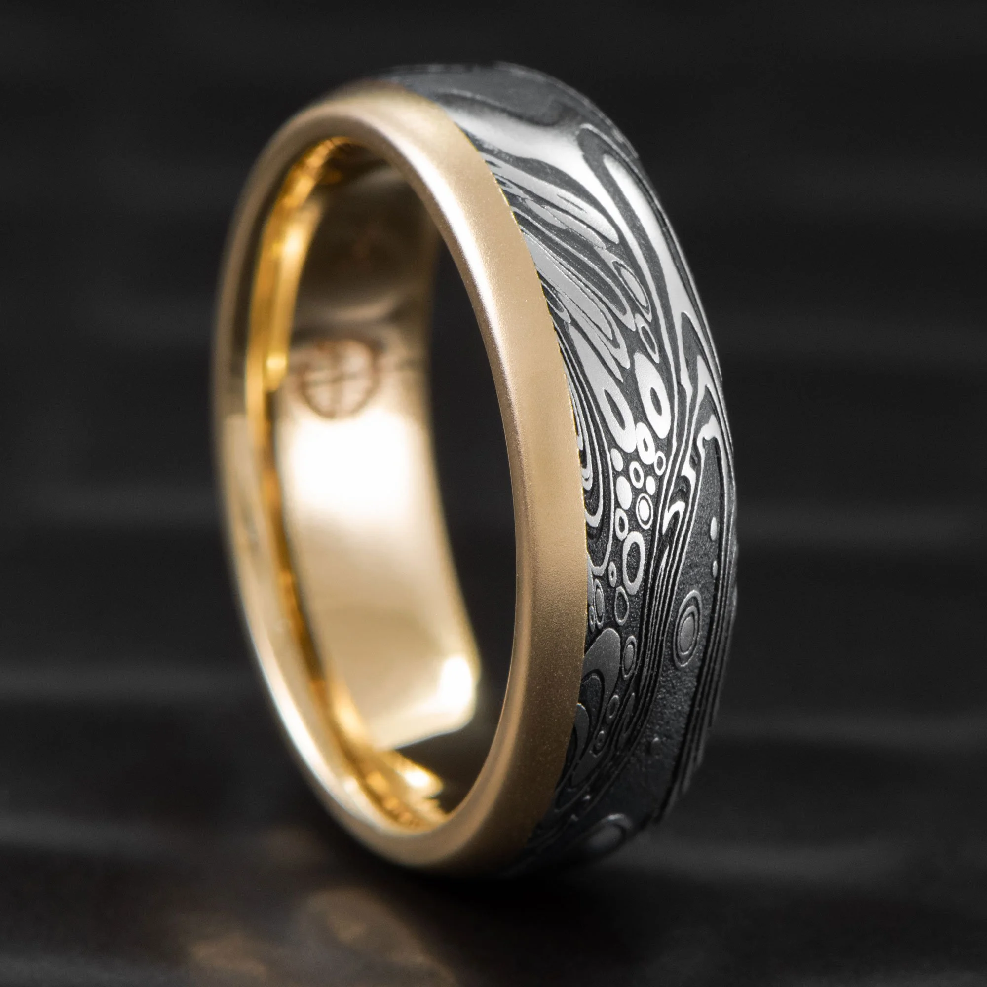 Flowing Damascus Steel with Single Offset 14K Yellow Gold Rail/Liner Domed |  TIDEPOOLS