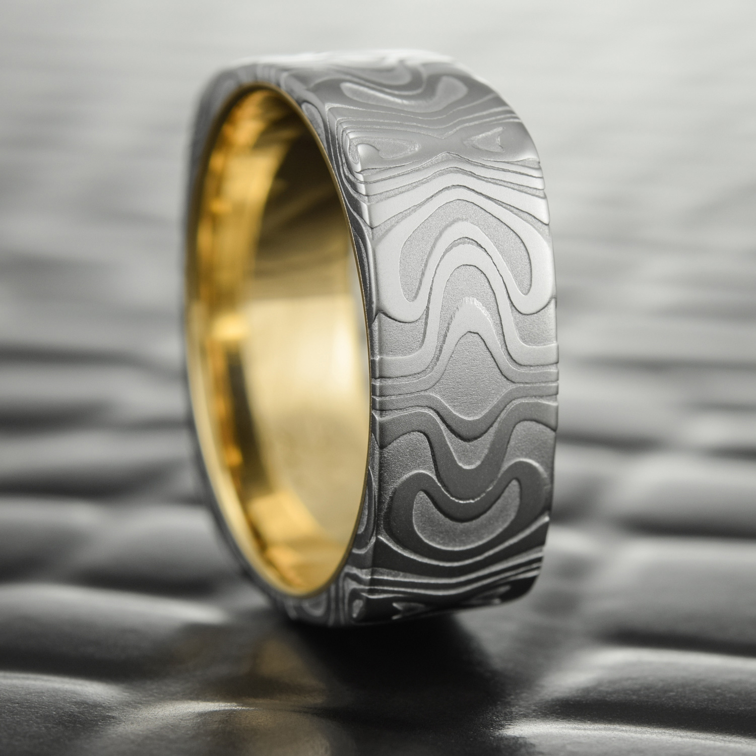 Square Damascus Wedding Band Unique 14K Gold Liner