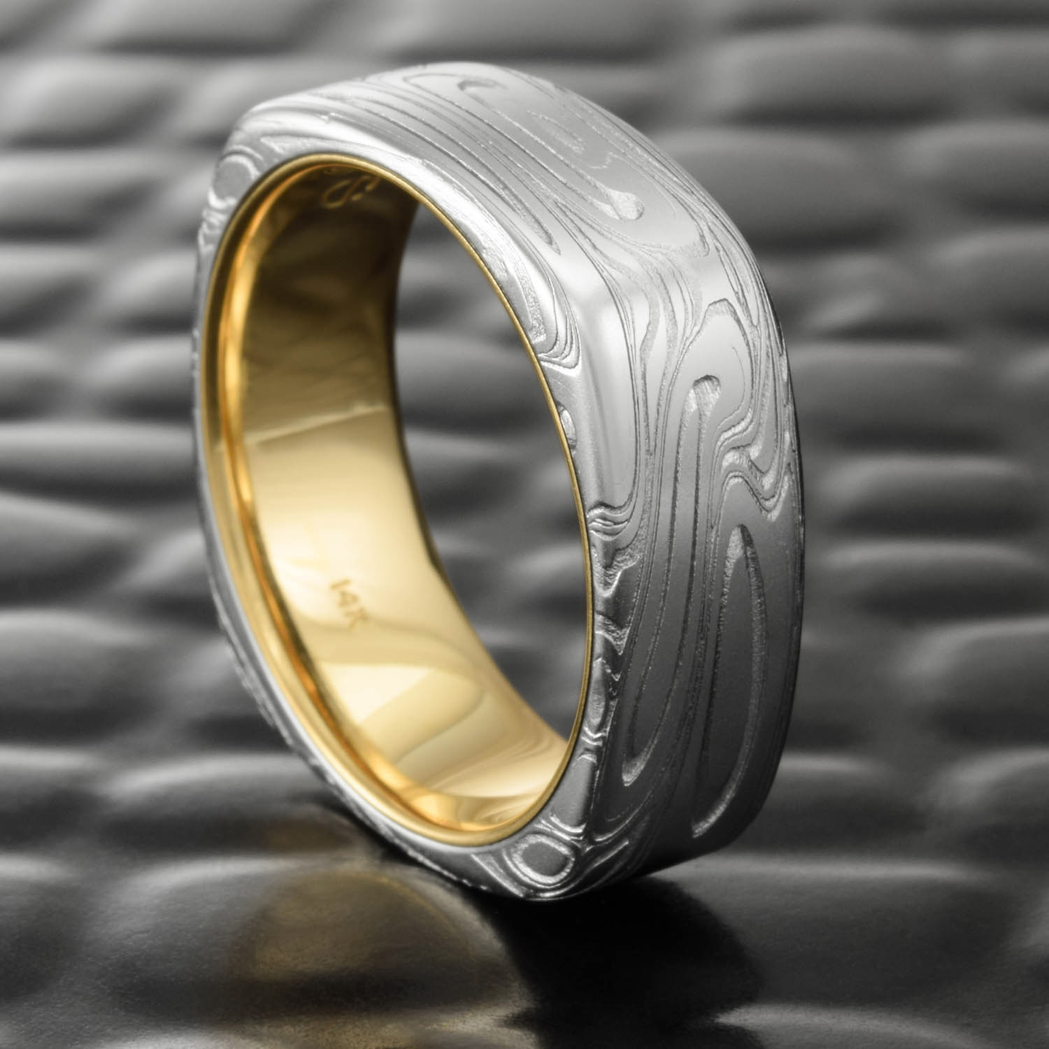 Damascus Steel Square Ring Mens Handcrafted 14k Yellow Gold Liner