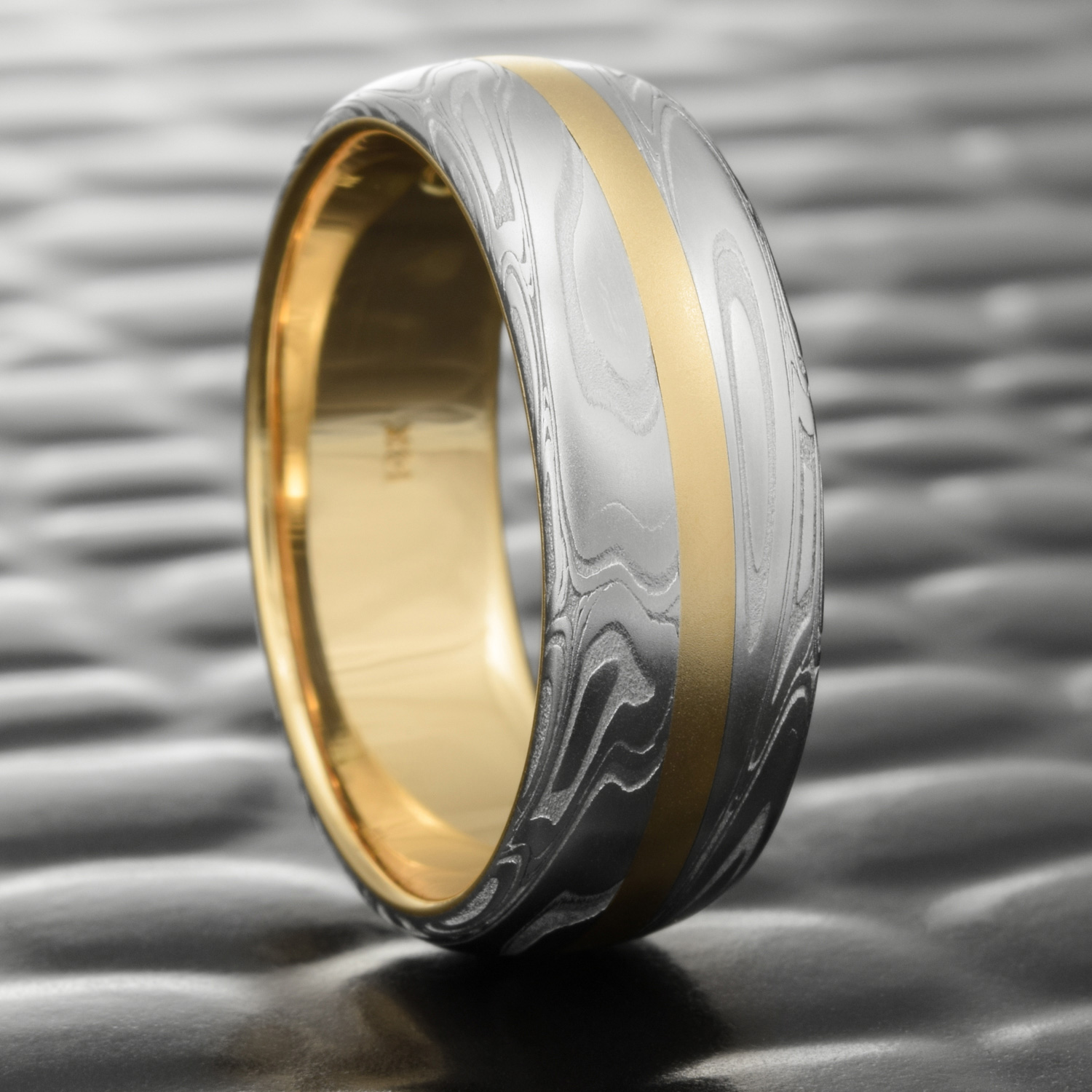 Damascus Ring 14K Yellow Gold Liner Inlay Domed