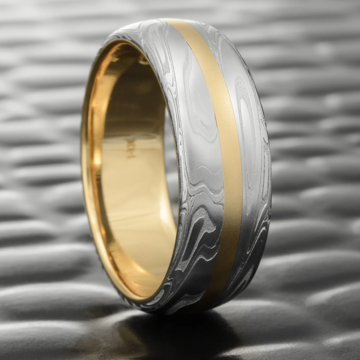 Damascus Ring with 14K Yellow Gold Liner & Inlay Domed | SWIRLING CURRENT