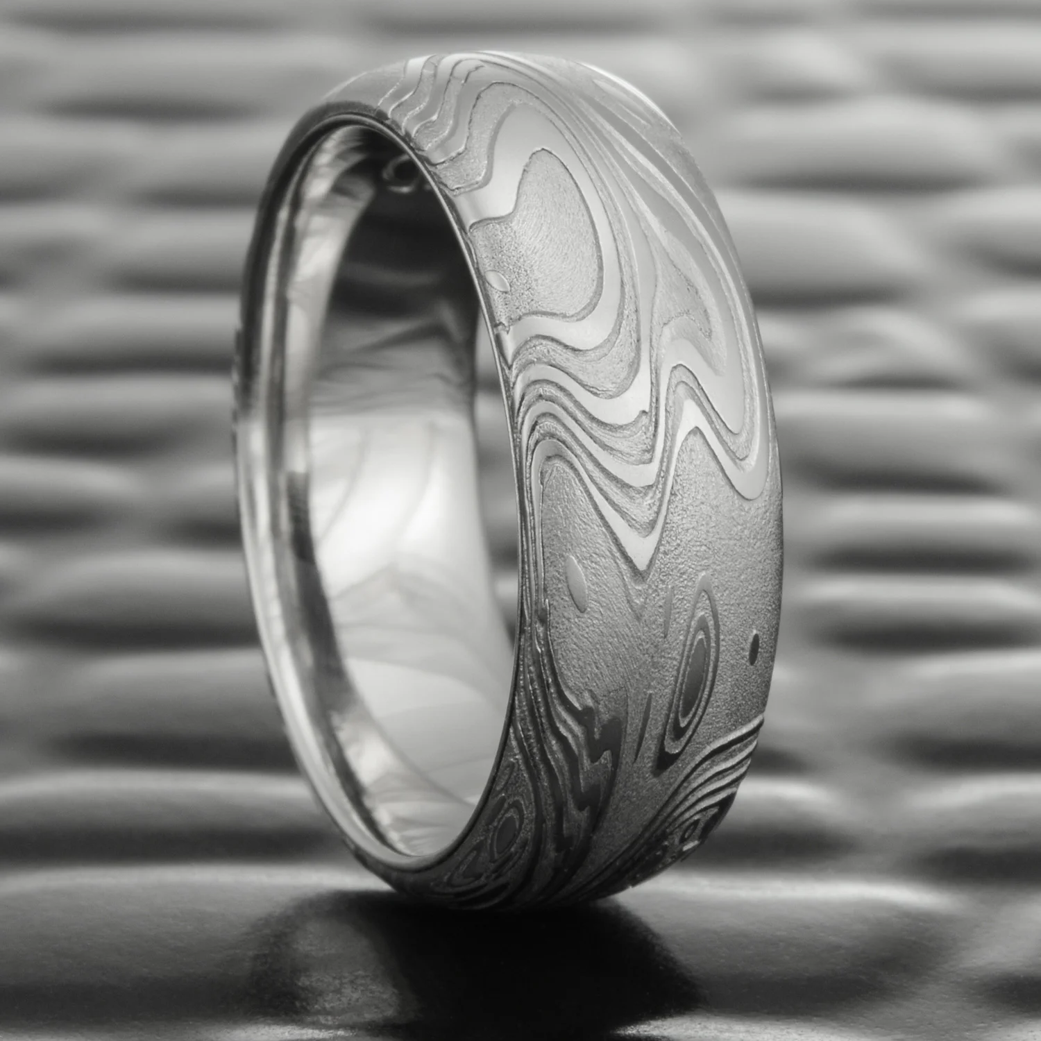 Ocean Wave Damascus Steel Wedding Band Domed with Palladium Liner | TIDEPOOLS