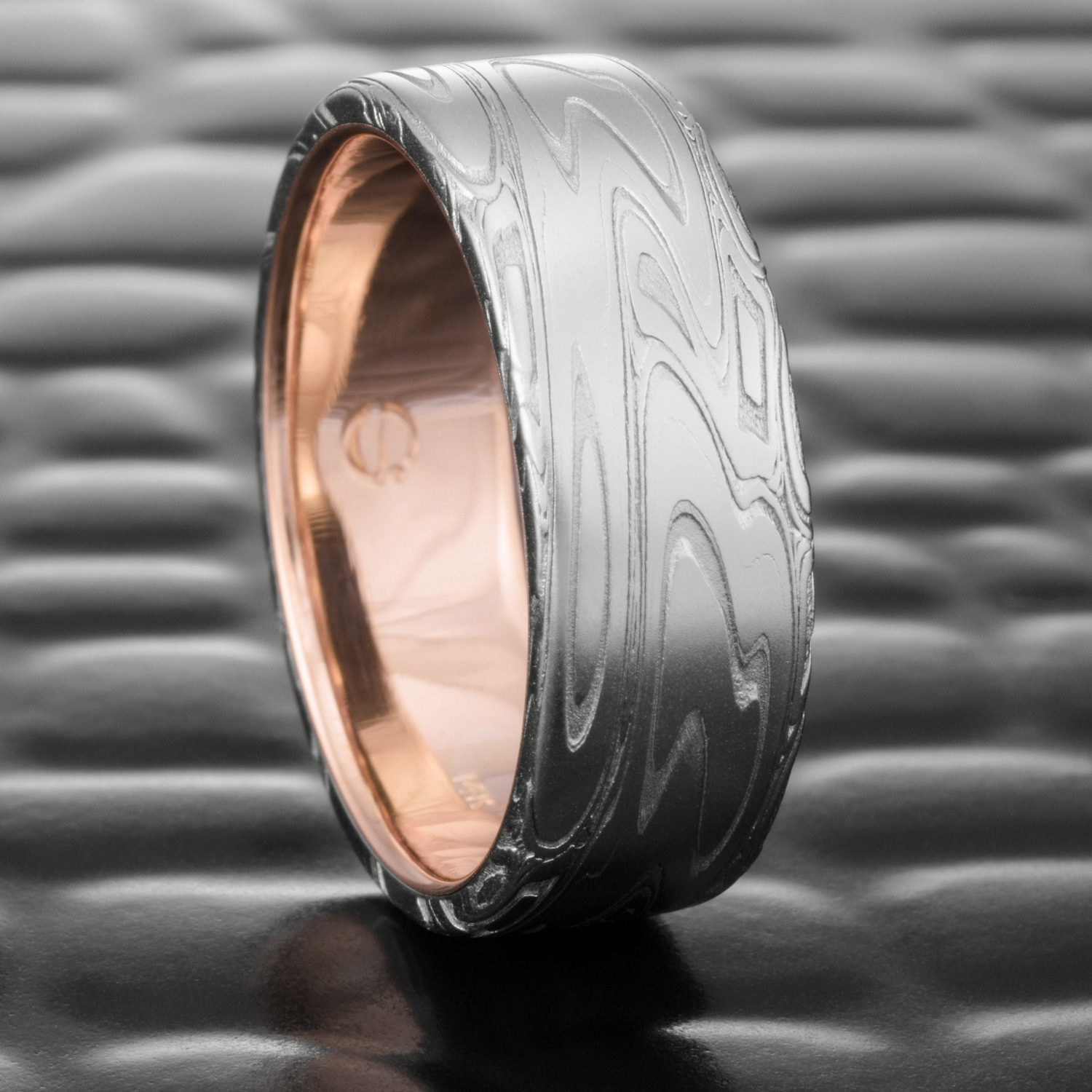 Damascus Stainless Steel Ring Flat Band Men 14K Rose Gold Liner