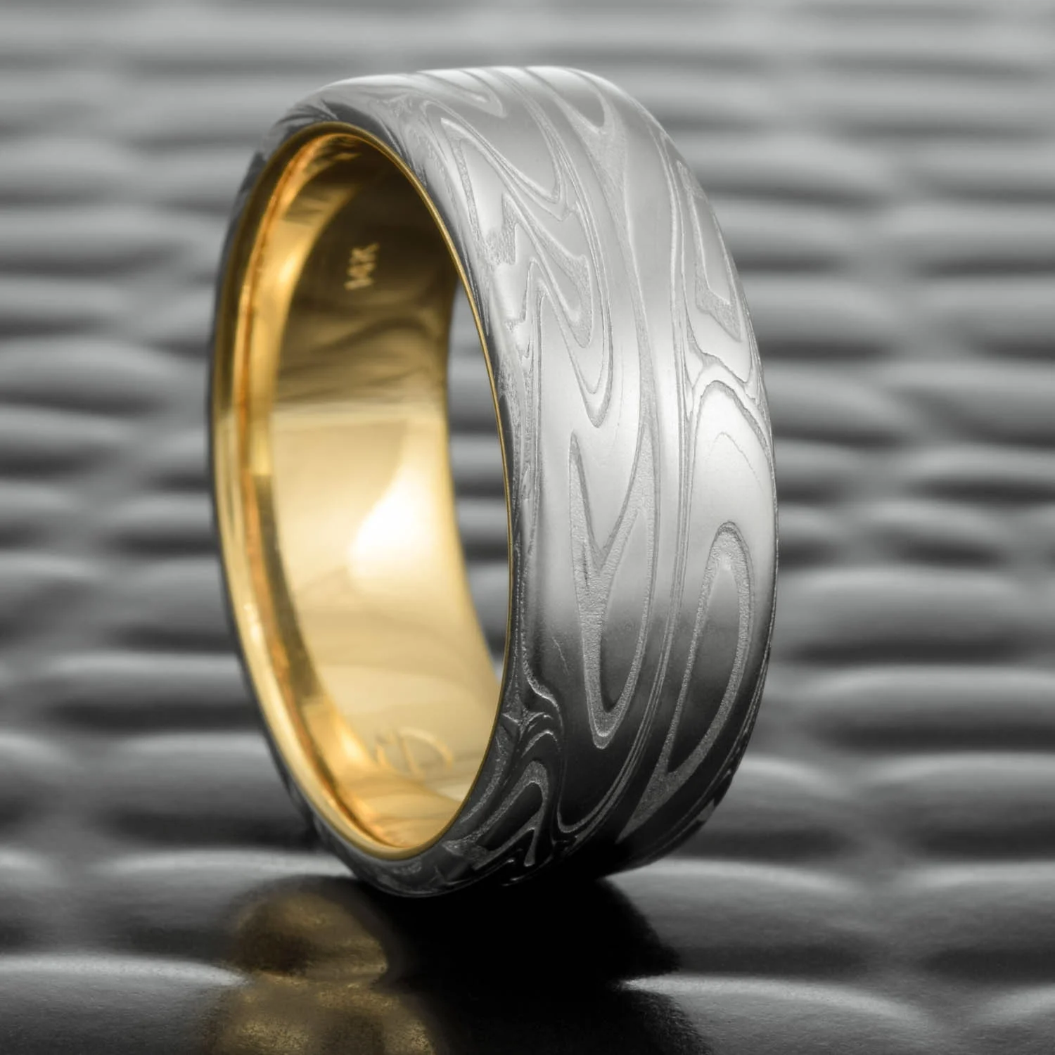 Damascus Steel Ring Flat 14k Yellow Gold Liner