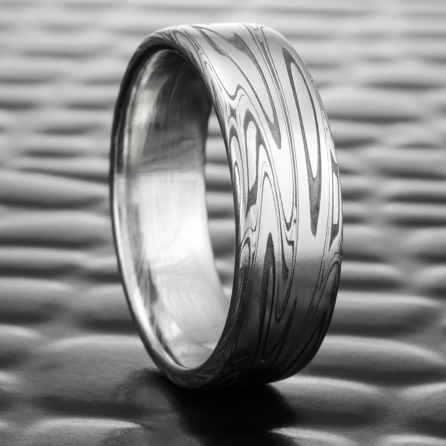 Damascus Steel Wedding Ring Flat Fire Oxide