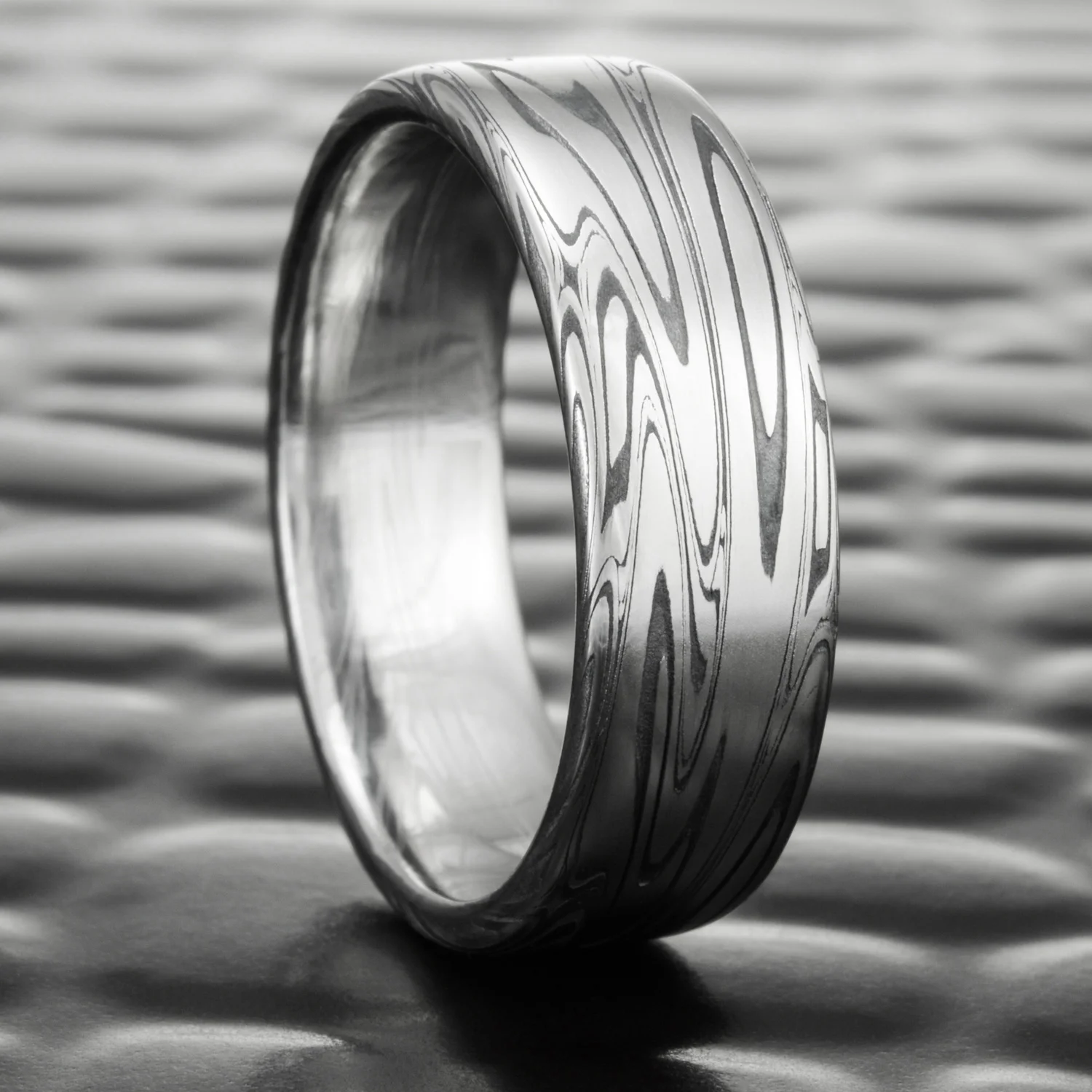 Damascus Steel Wedding Ring Flat with Fire Oxide | SWIRLING CURRENT