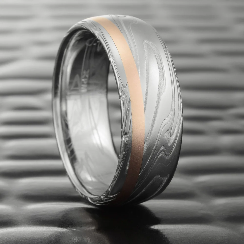 Stainless Damascus Steel Wedding Band Domed with Offset 14K Rose Gold Inlay  SWIRLING CURRENT — Steven Jacob