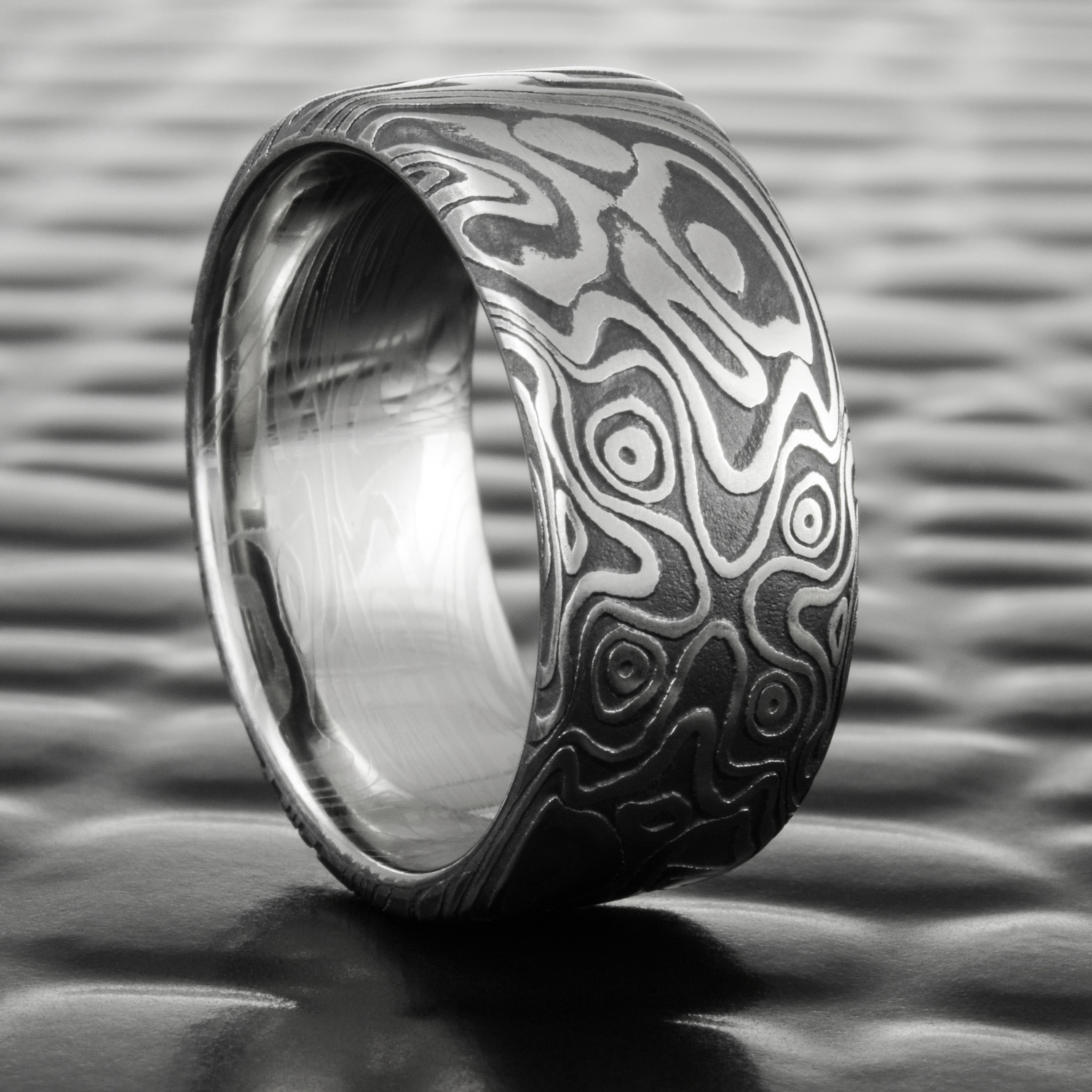 Damascus Steel Ring Flat Fire Oxide Finish