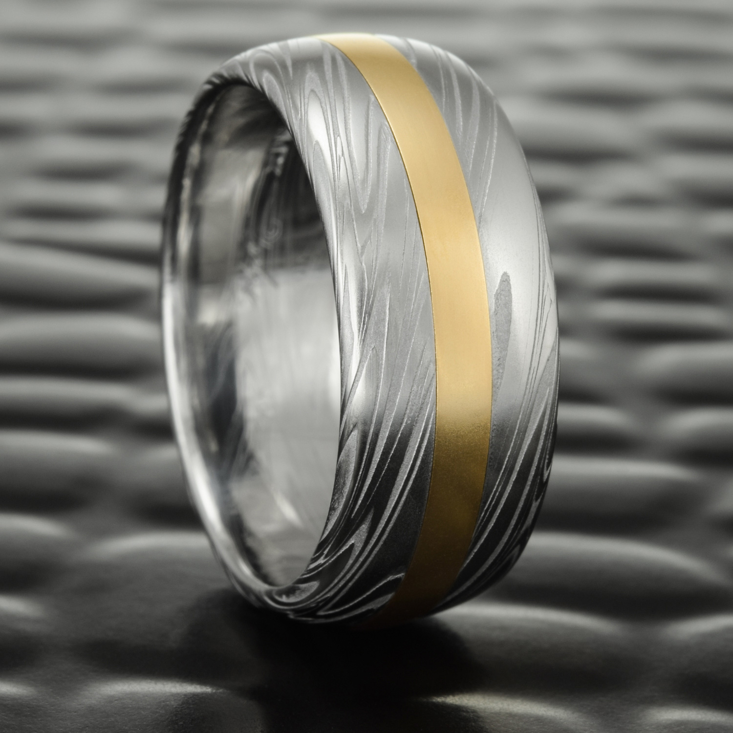 Damascus Steel Ring Domed Mens 14K Yellow Gold Inlay