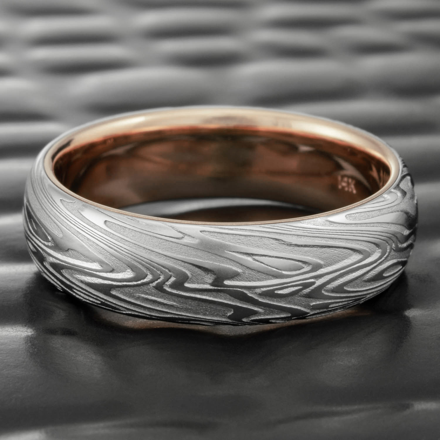 Damascus Steel Womens Wedding Band Domed 14K Rose Gold Liner