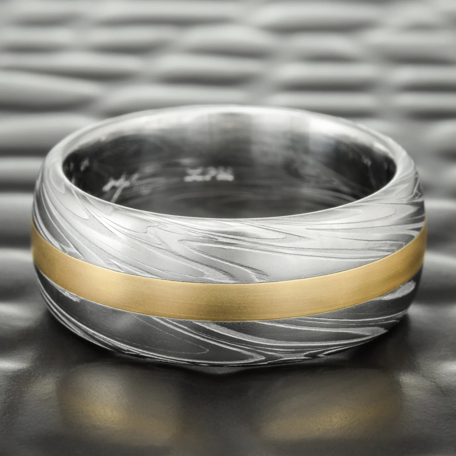 organic flowing design nature inspired uniqur handcrafted hand forged handcrafted damascus ring stainless steel gold inlay accent womens wedding wide domed