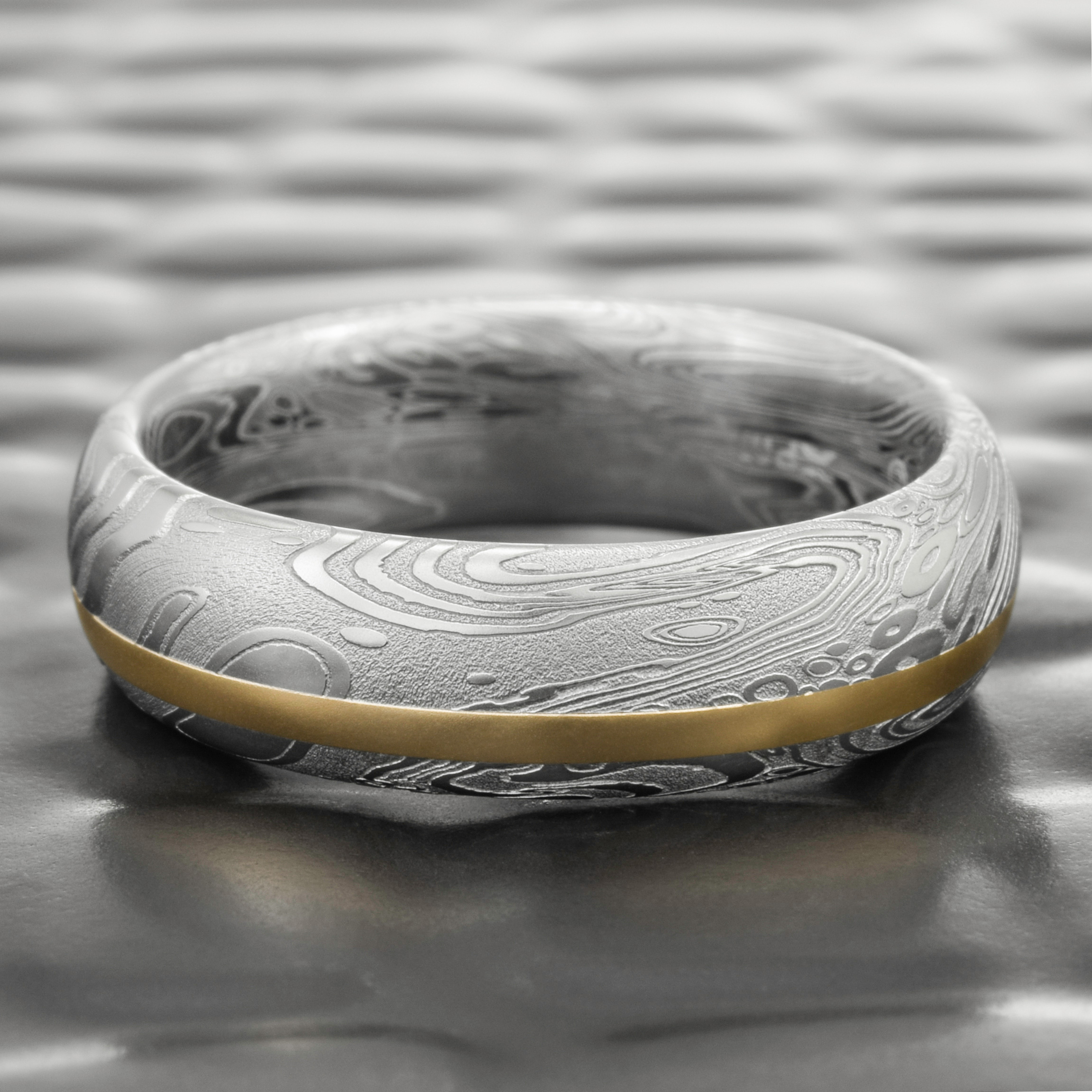 Damascus Steel Womens Wedding Band Domed 14K Yellow Gold Inlay