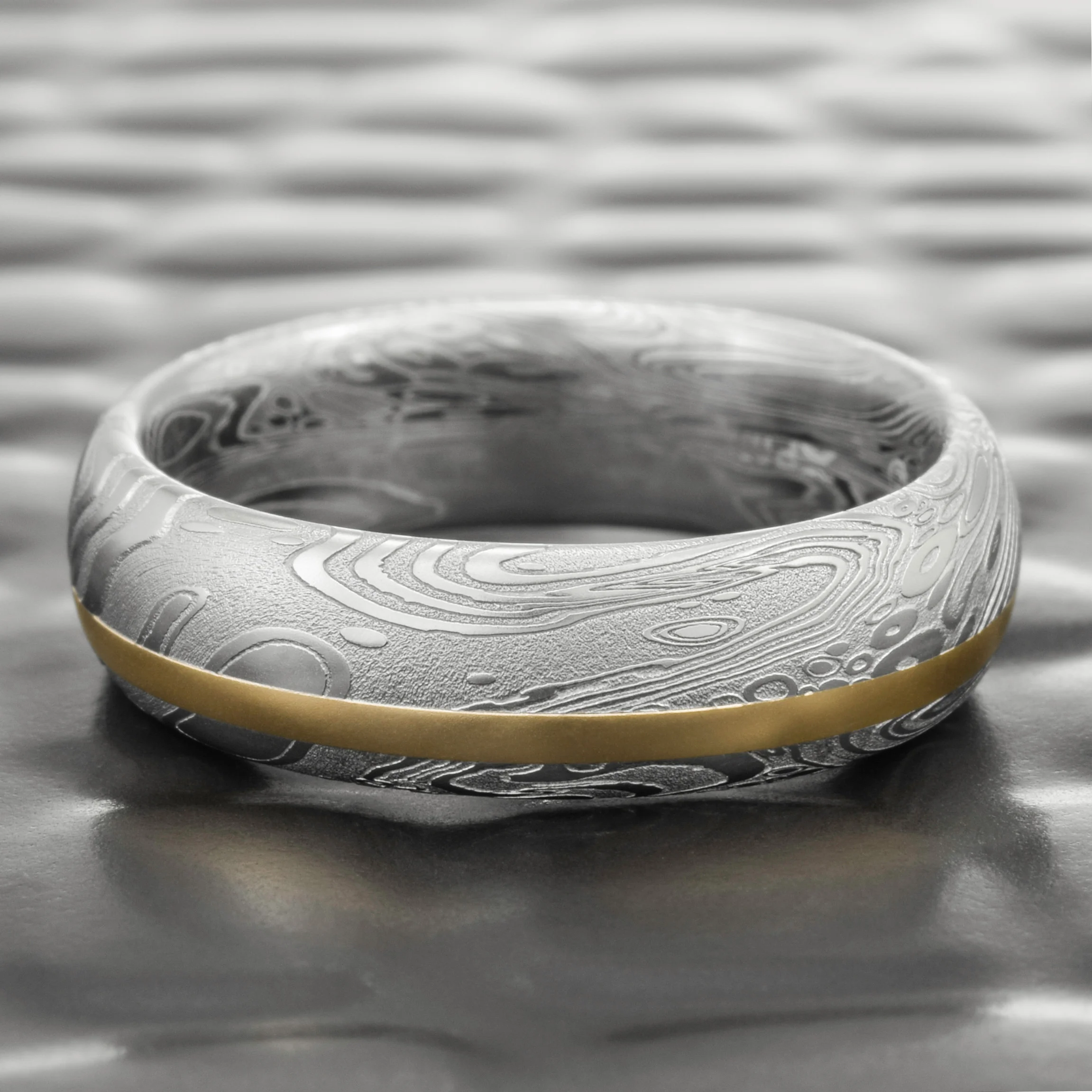 Damascus Steel Women's Wedding Band Domed with 14K Yellow Gold Inlay  | TIDEPOOLS