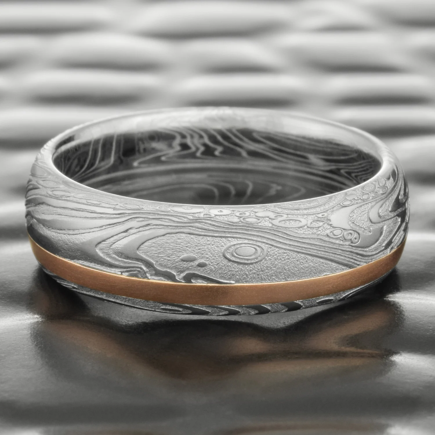 Damascus Steel Domed Wedding Ring 14K Rose Gold Offset Inlay