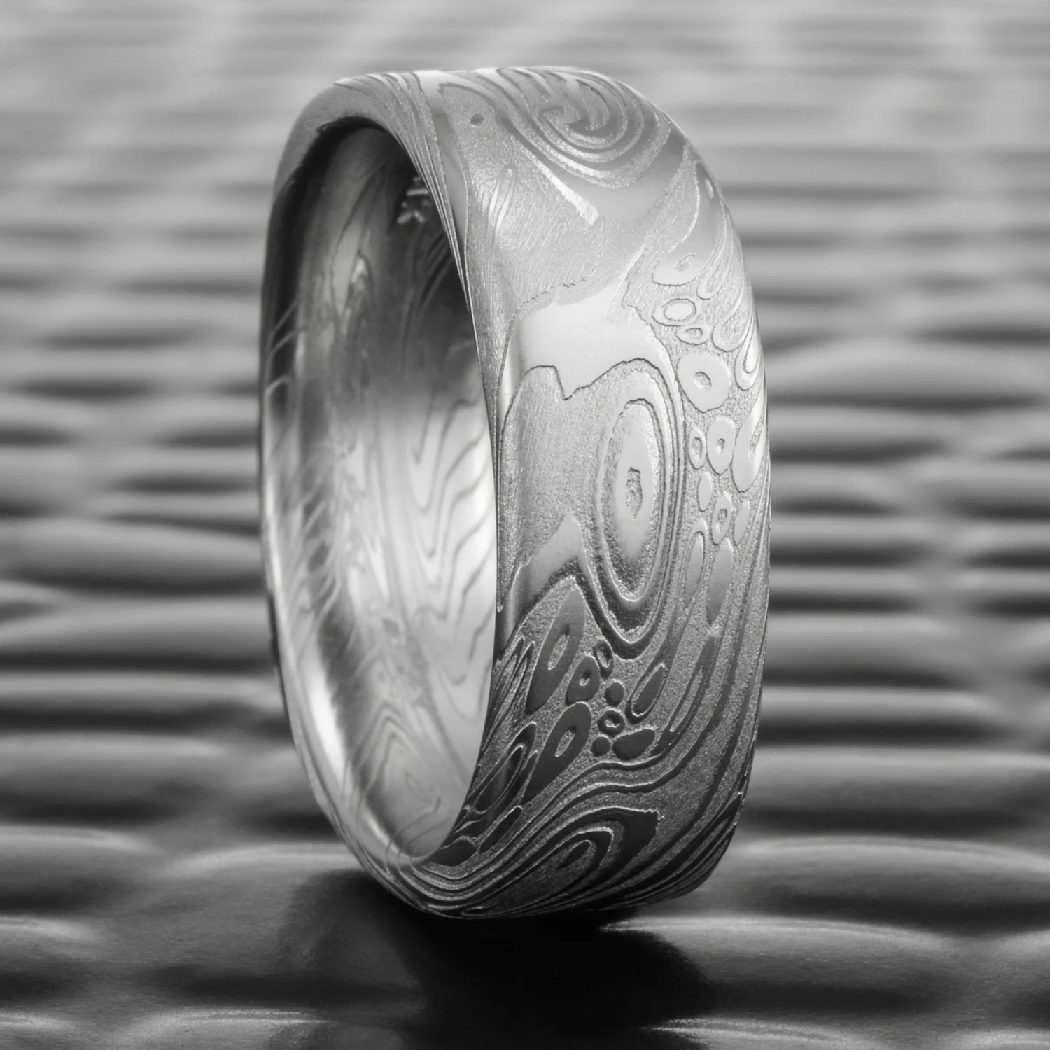 water wood inspired and forged hand crafted stainless damascus square ring band wedding womens