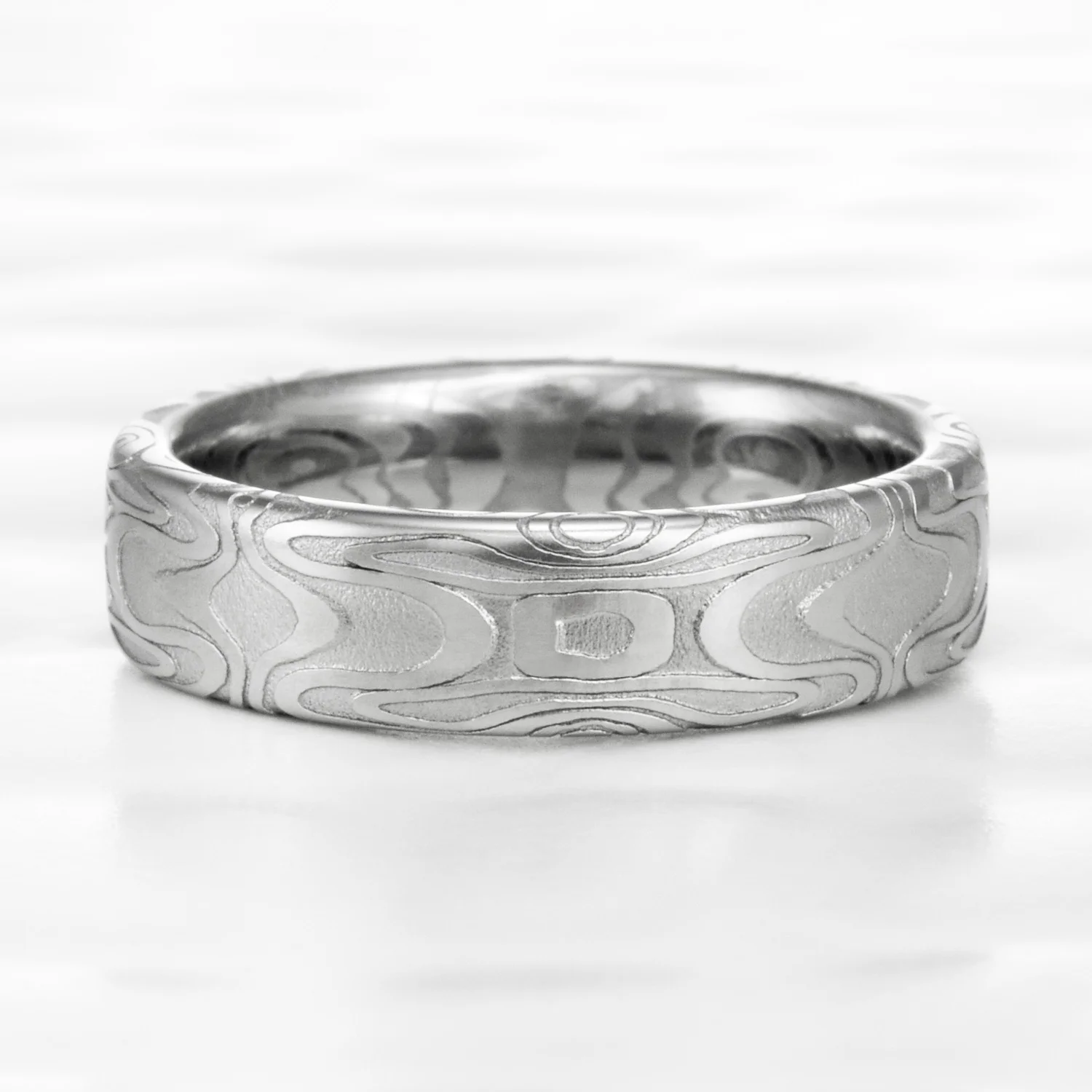flowing wood nature inspired unique design water wood stainless steel damascus ring band womens