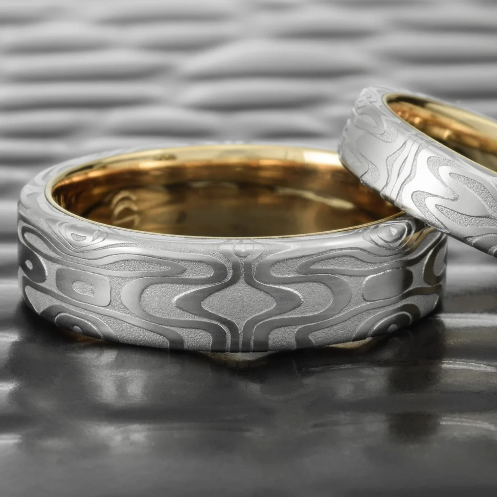 Women's Hand Forged Damascus Steel Wedding Band with 14K Yellow Gold Liner  REFLECTIONS — Steven Jacob