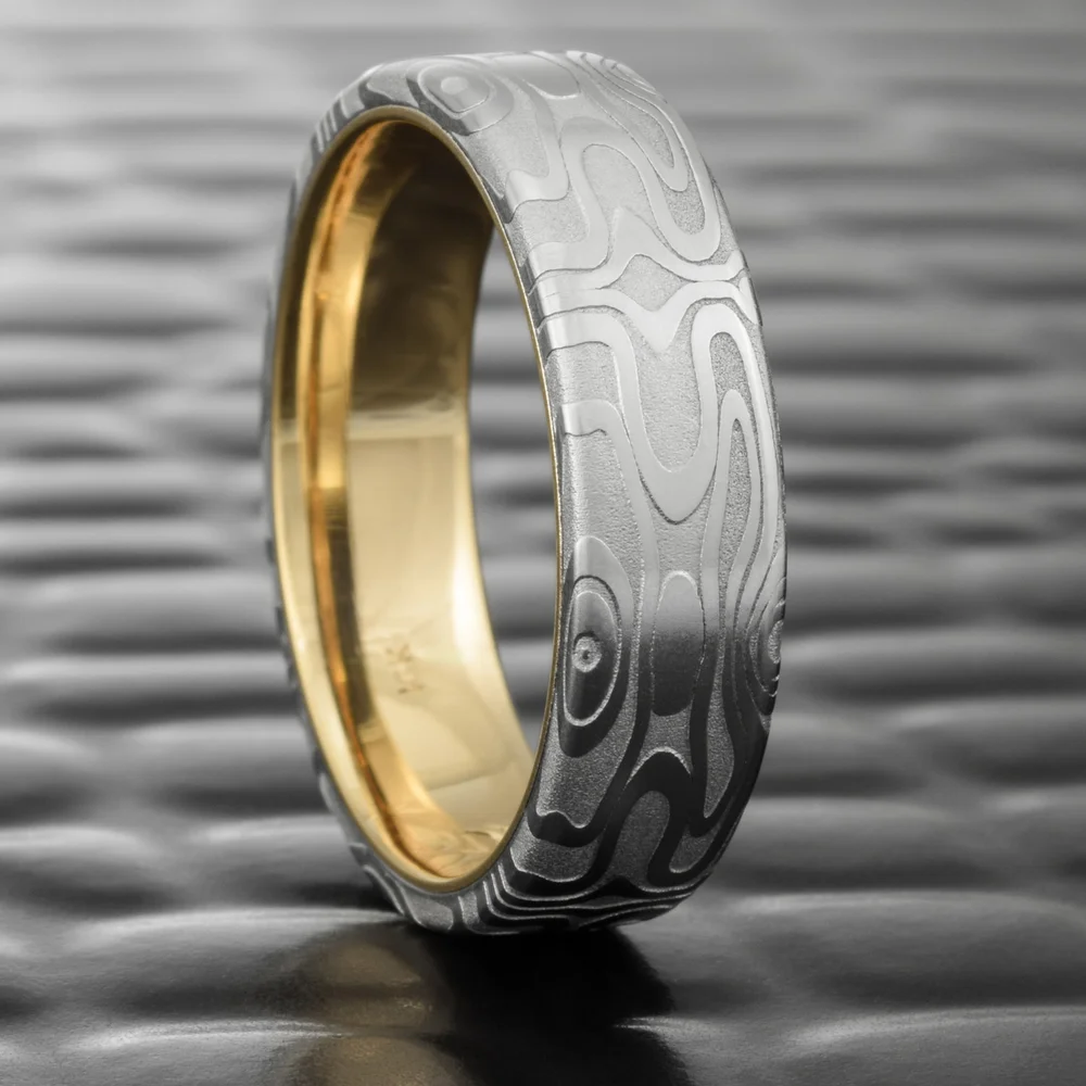 Women's Hand Forged Damascus Steel Wedding Band with 14K Yellow Gold Liner  REFLECTIONS — Steven Jacob