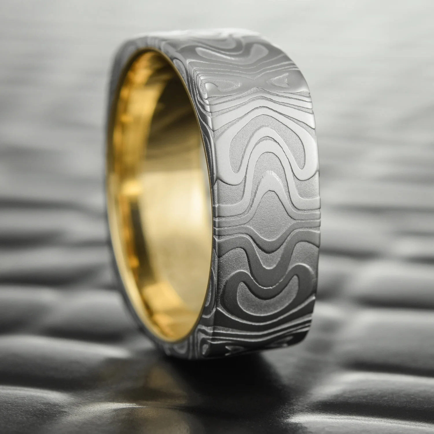 reflected organic design nature inspired stainless steel damascus ring womens alternative gold lined accented