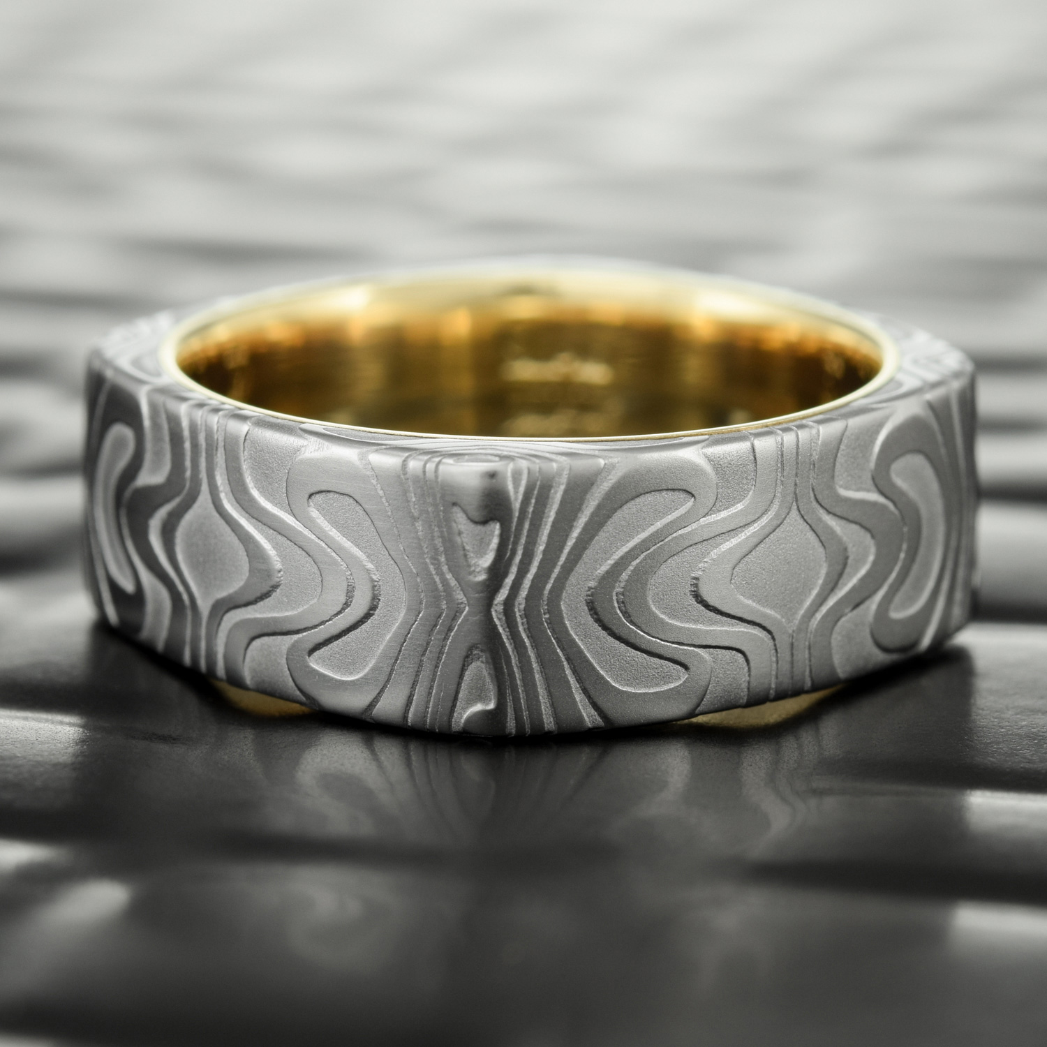 Square Women's Damascus Steel Ring with 14K Gold Liner & Mirrored Pattern