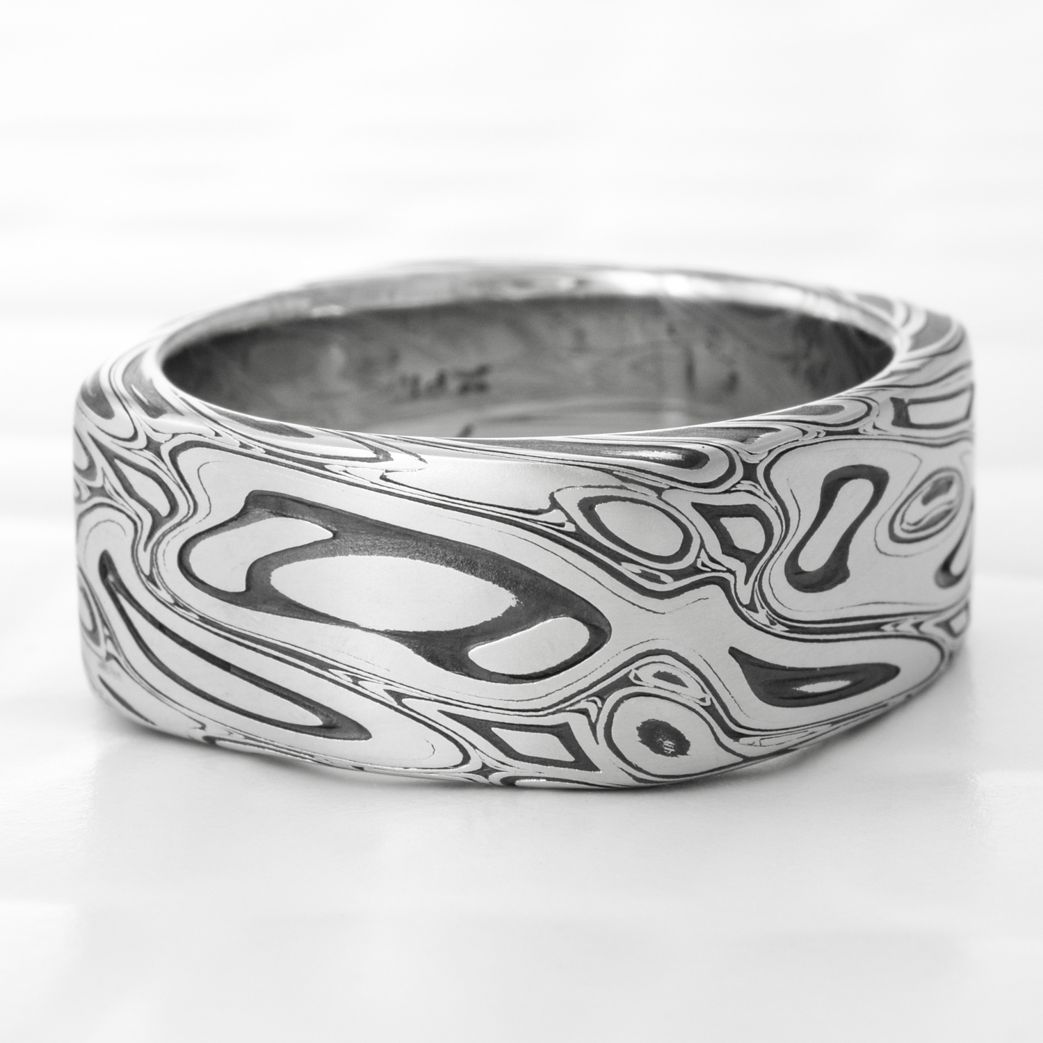 Square Woman's Damascus Steel Ring with Bold Fire Oxide