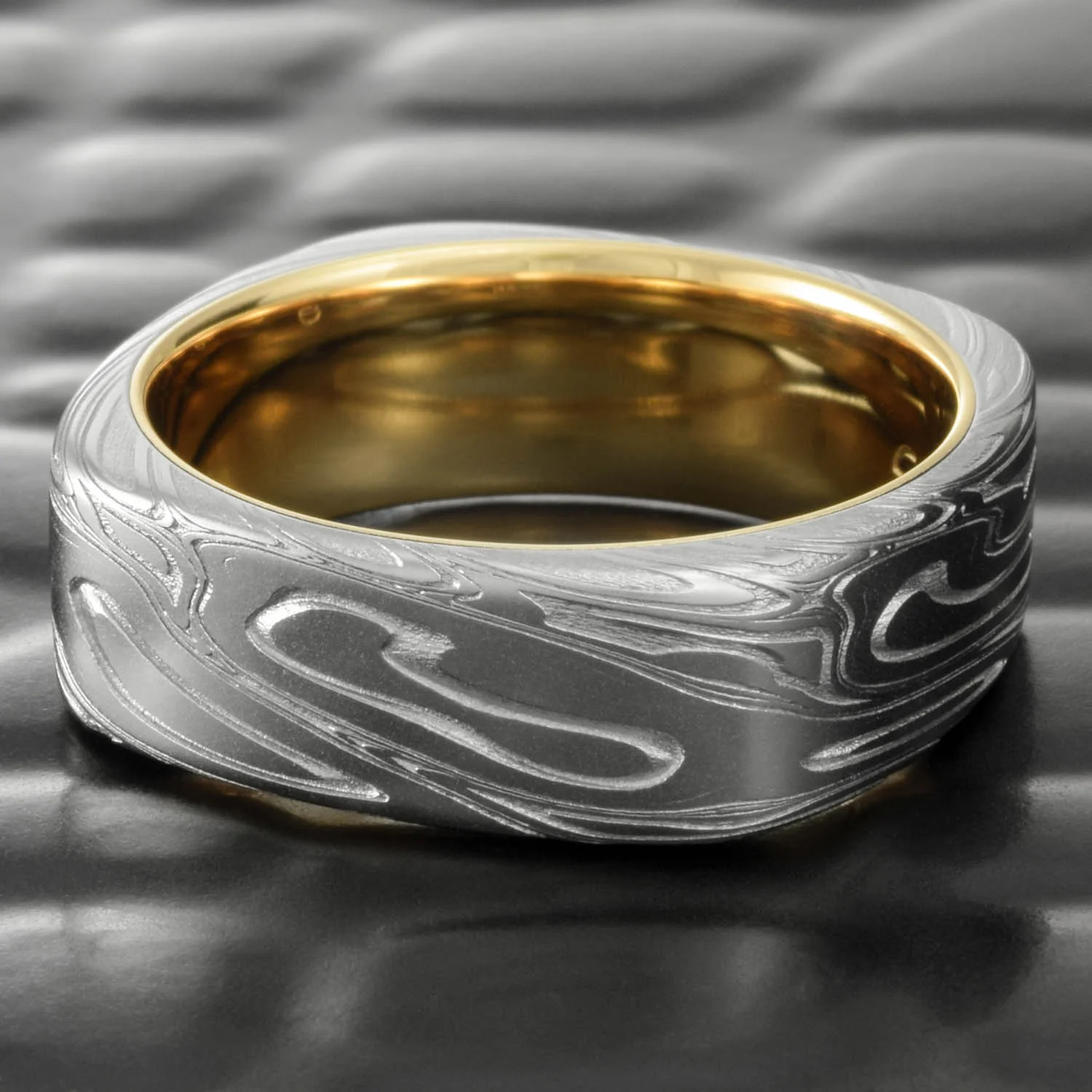 Damascus Steel Square Women's Ring Handcrafted with 14k Yellow Gold Liner