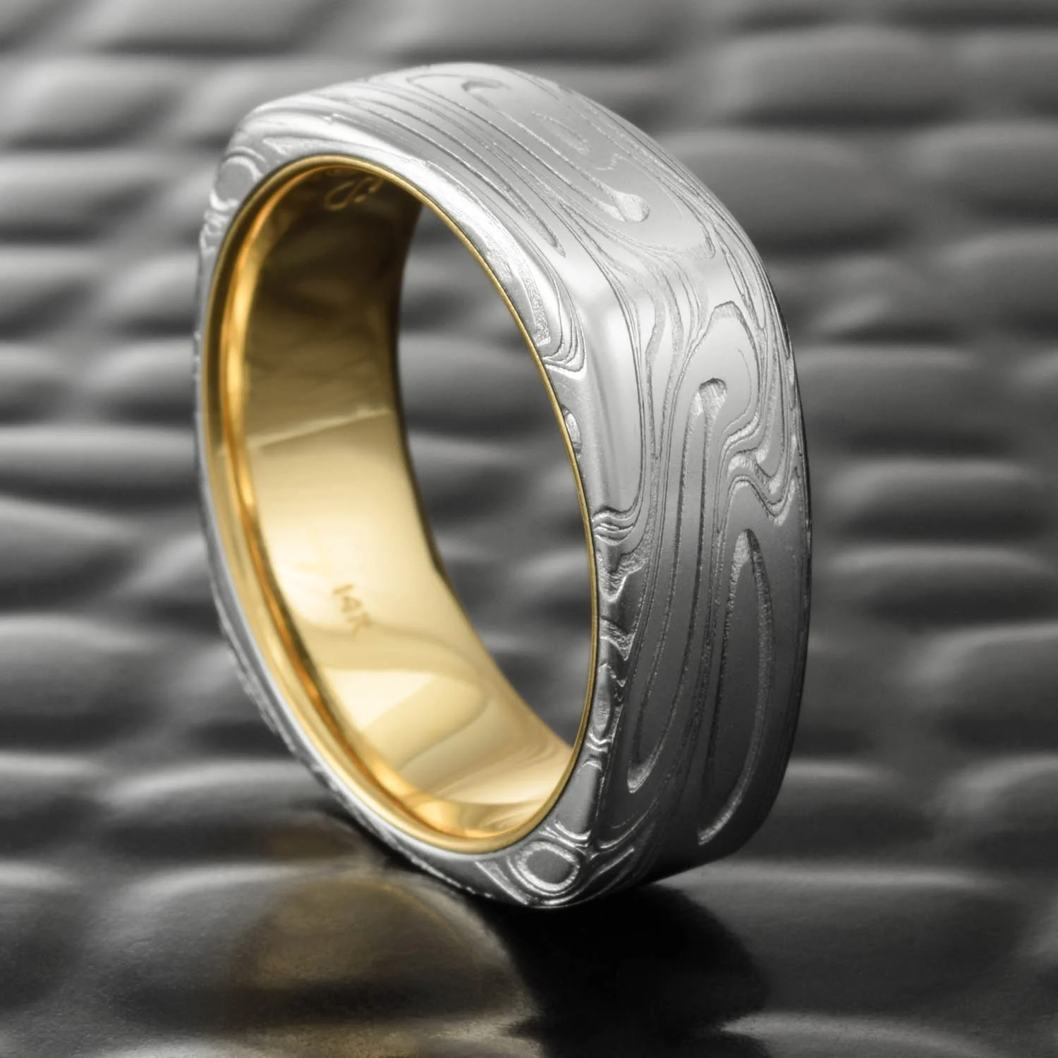 flowing water natural design alternative gold lined design womens ring unique hand forged handcrafted ring