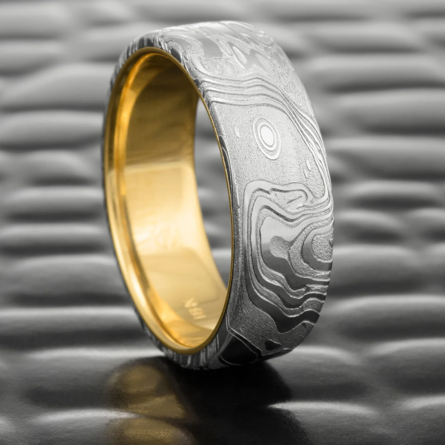Damascus Steel Wedding Band Flat 18K Yellow Gold Liner