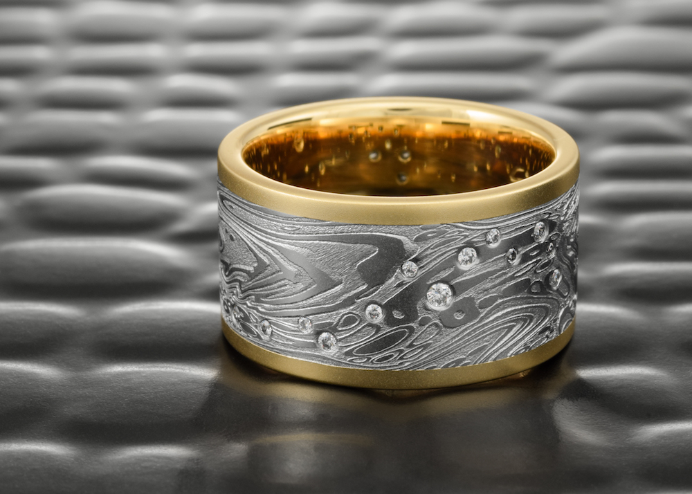 Flat Damascus Steel Ring with Offset 14K Rose Gold Inlay and Oxide