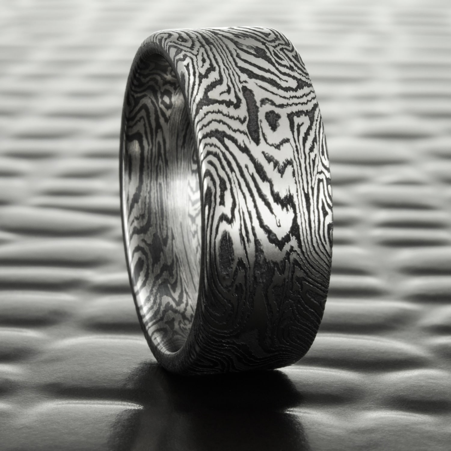 Titanium Mokume Gane Ring Flat with Black Zirconium Dark Burl