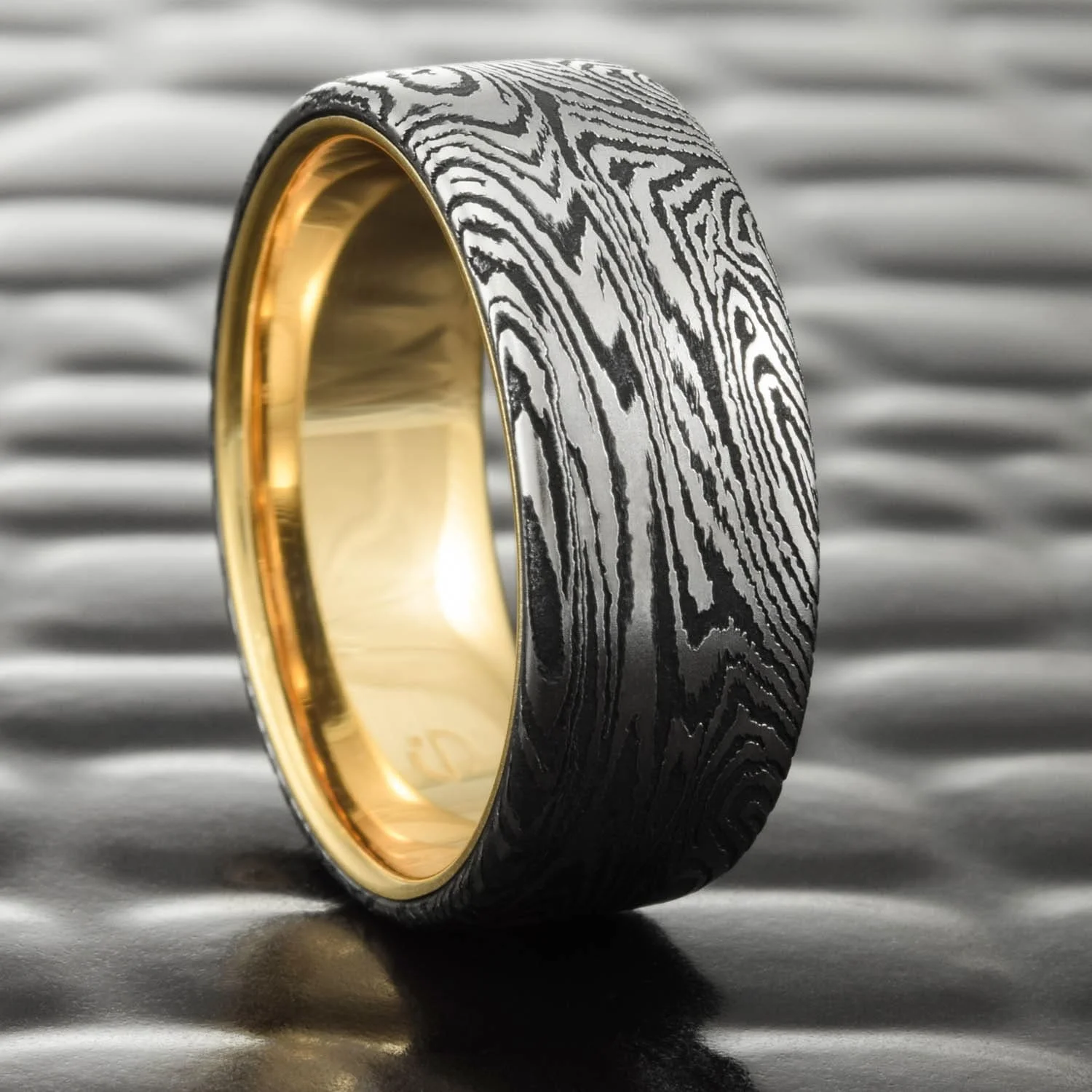 Women's Mokume Flat Band in Titanium & Zirconium with a 14K Yellow Gold Liner Dark Burl