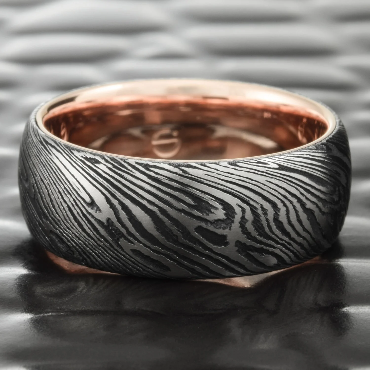 Women's Domed Mokume Wedding Band 14K Rose Gold Liner Dark Wood