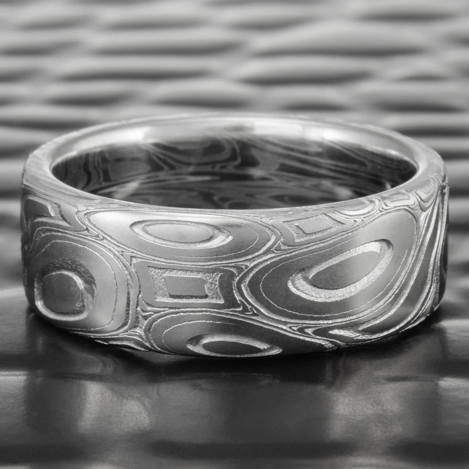 Damascus Steel Women's Wedding Ring Flat Flowing Design Eddy and Pools