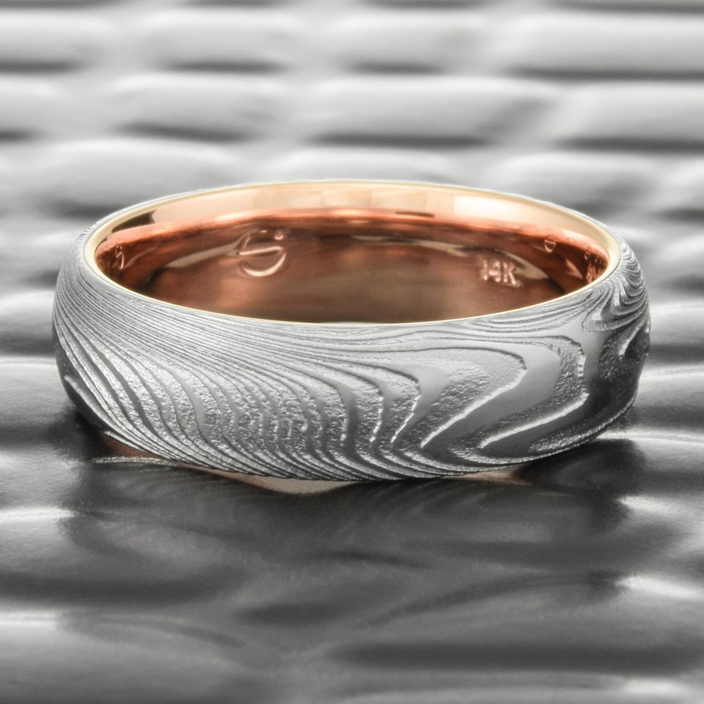 Wood Grain Damascus Steel Wedding Band with 14K Rose Gold Liner Domed  EPIC WOOD — Steven Jacob