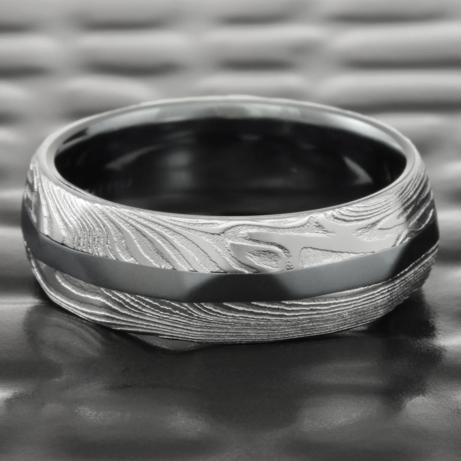 handmade unique forged damascus ring inlay