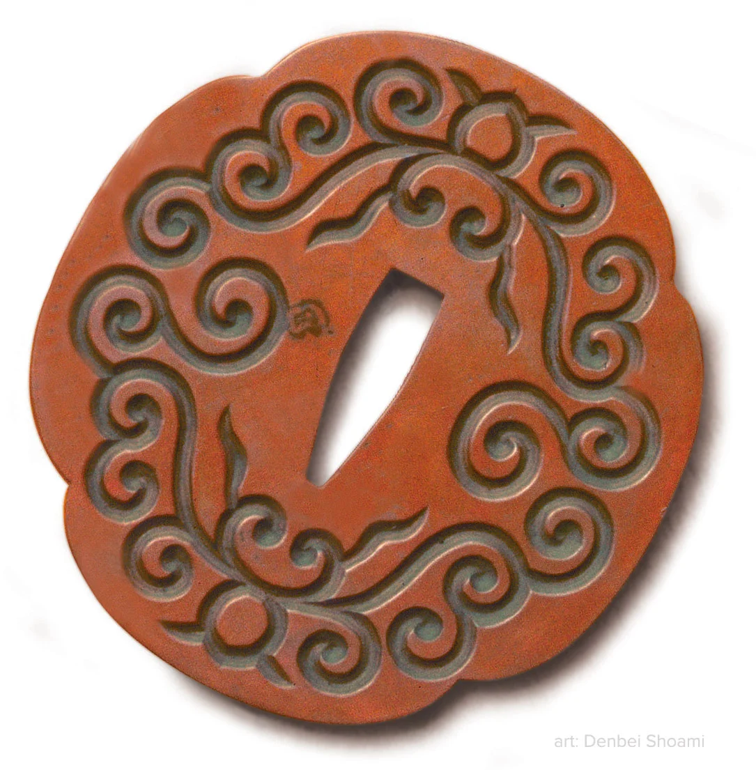 Tsuba by Denbei Shoami. Copper and Shakudo. Photo: Pijanowski.