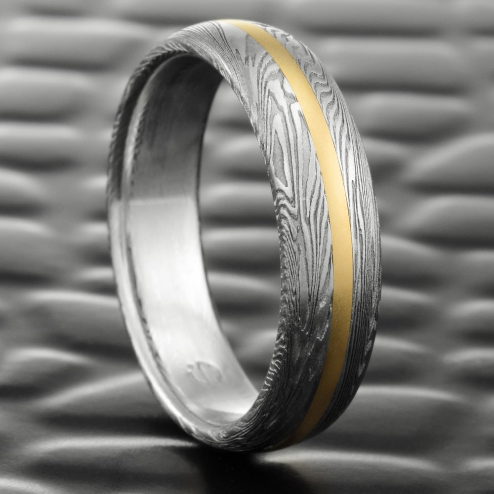 8mm Gold Ring Damascus Wedding Band Mens Ring Unique Wedding Bands Womens Damascus Ring 14K Gold Damascus Steel Ring Mens Wedding Band
