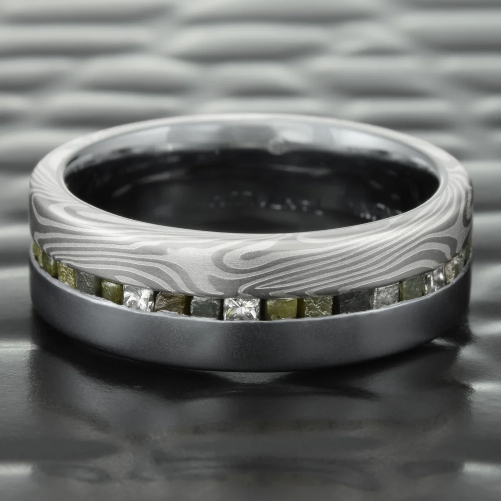Mokume Gane Ring With Raw Diamonds And Tantalum Wedding Band Twisted Wood Steven Jacob