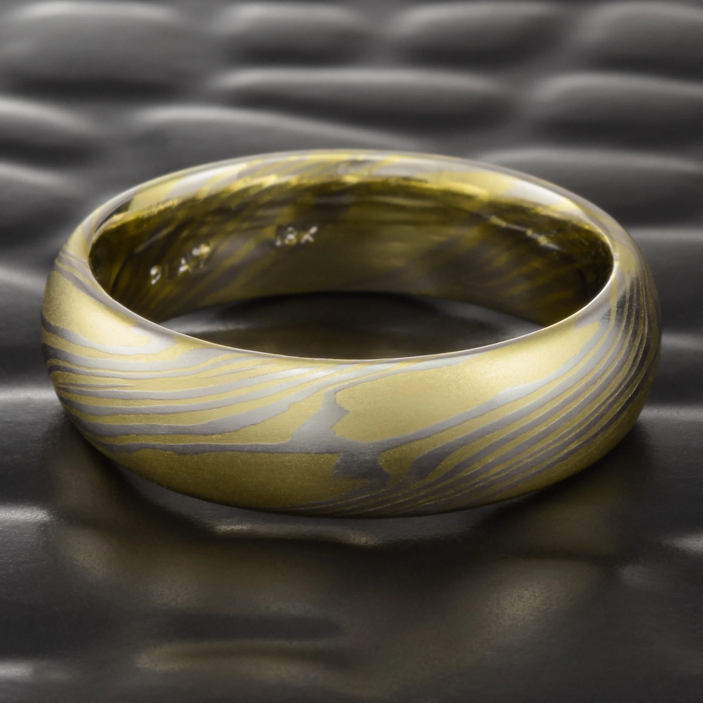 artisan made handcrafted handmade mokume gane japanese style mens wedding ring gold platinum nature inspired flowing pattern