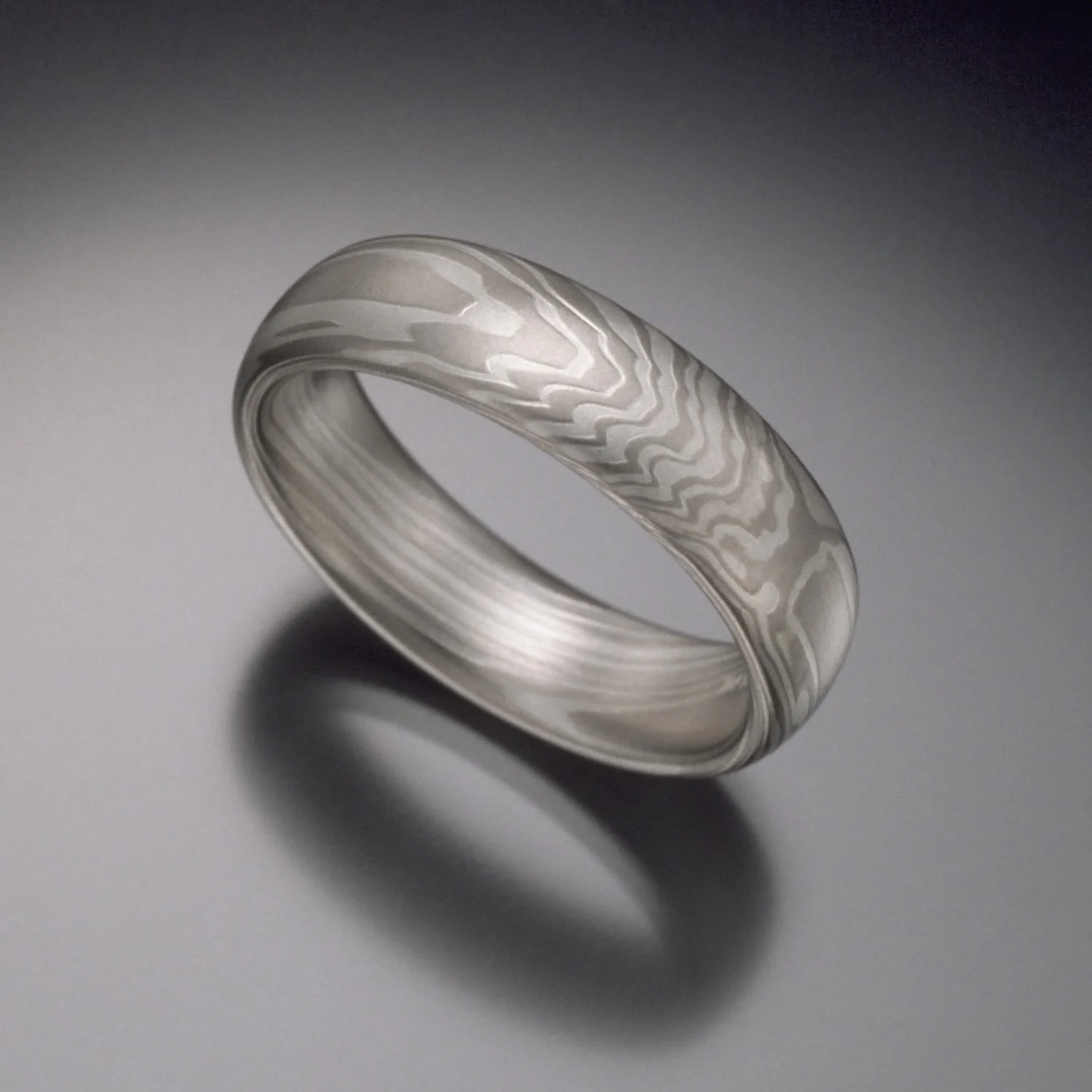white gold and silver mokume gane wedding ring