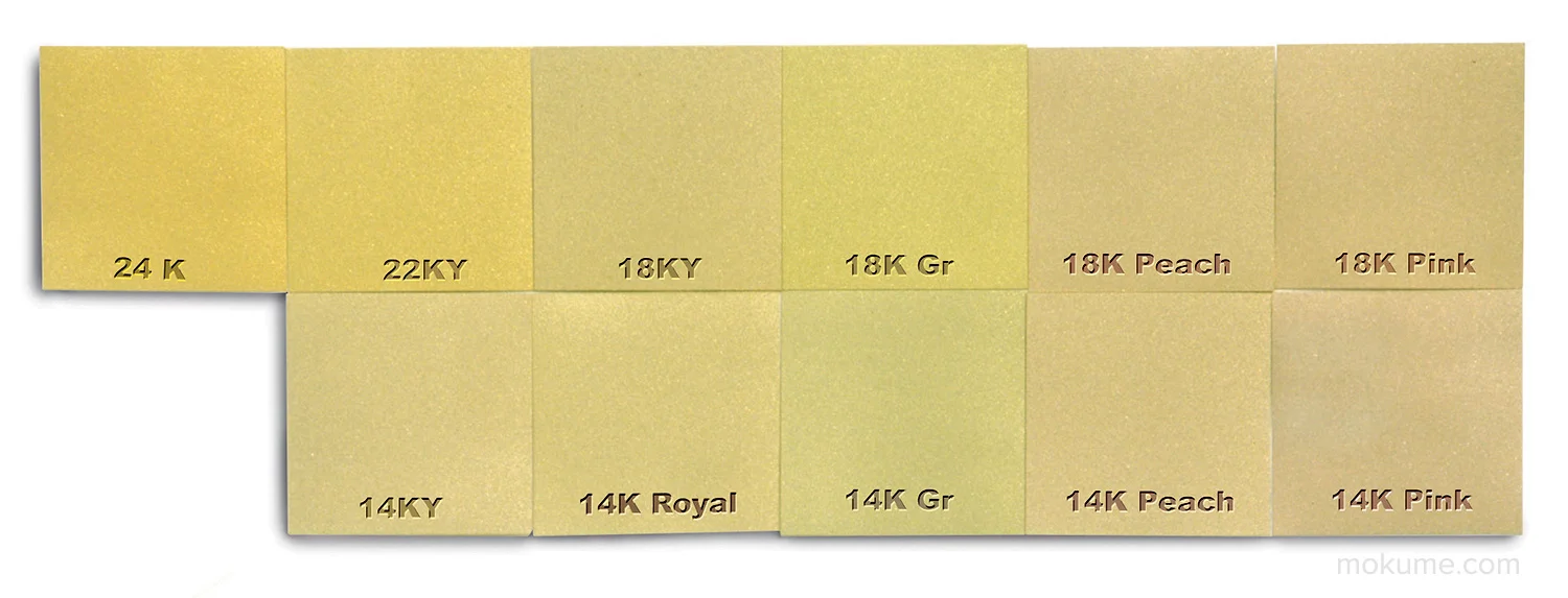 Gold alloys: 14k, 18k, 22k, 24k.