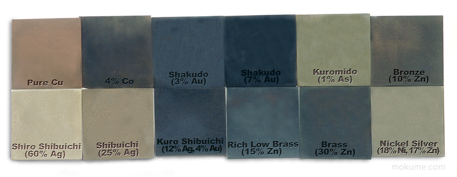 Metals provided courtesy of Hoover and Strong Inc, David H. Fell and Co., and Earthshine Design Inc. Copper alloys above colored in a warm solution of ammonia and salt for 15 minutes.