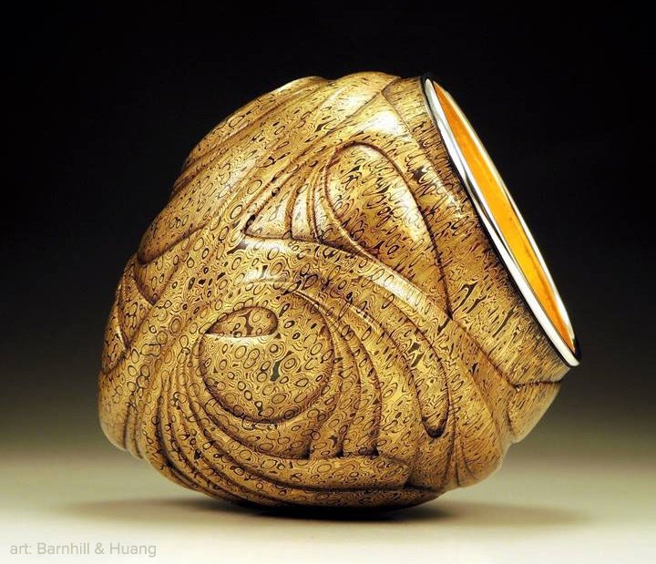 Layered Resplendence #41, by David Huang & David Barnhill, 2017. Copper 101, copper 110, brass 260, and sterling silver mokume gane, finished with a rim of fine silver, and 23-karat gold leaf; approximately 5.25 x 5 x 5 inches.