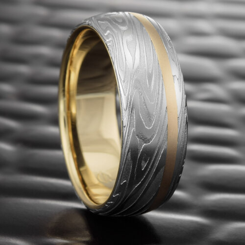 Mens Wedding Band Damascus Steel Ring 14k Gold Blue Ocean Sleeve