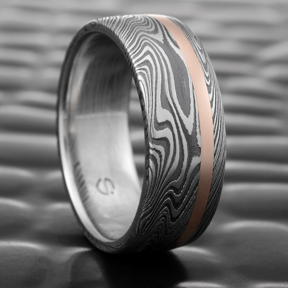 Nuttig Manhattan duif Flat Damascus Steel Ring with Offset 14K Rose Gold Inlay and Oxide Finish |  EPIC WOOD — Steven Jacob