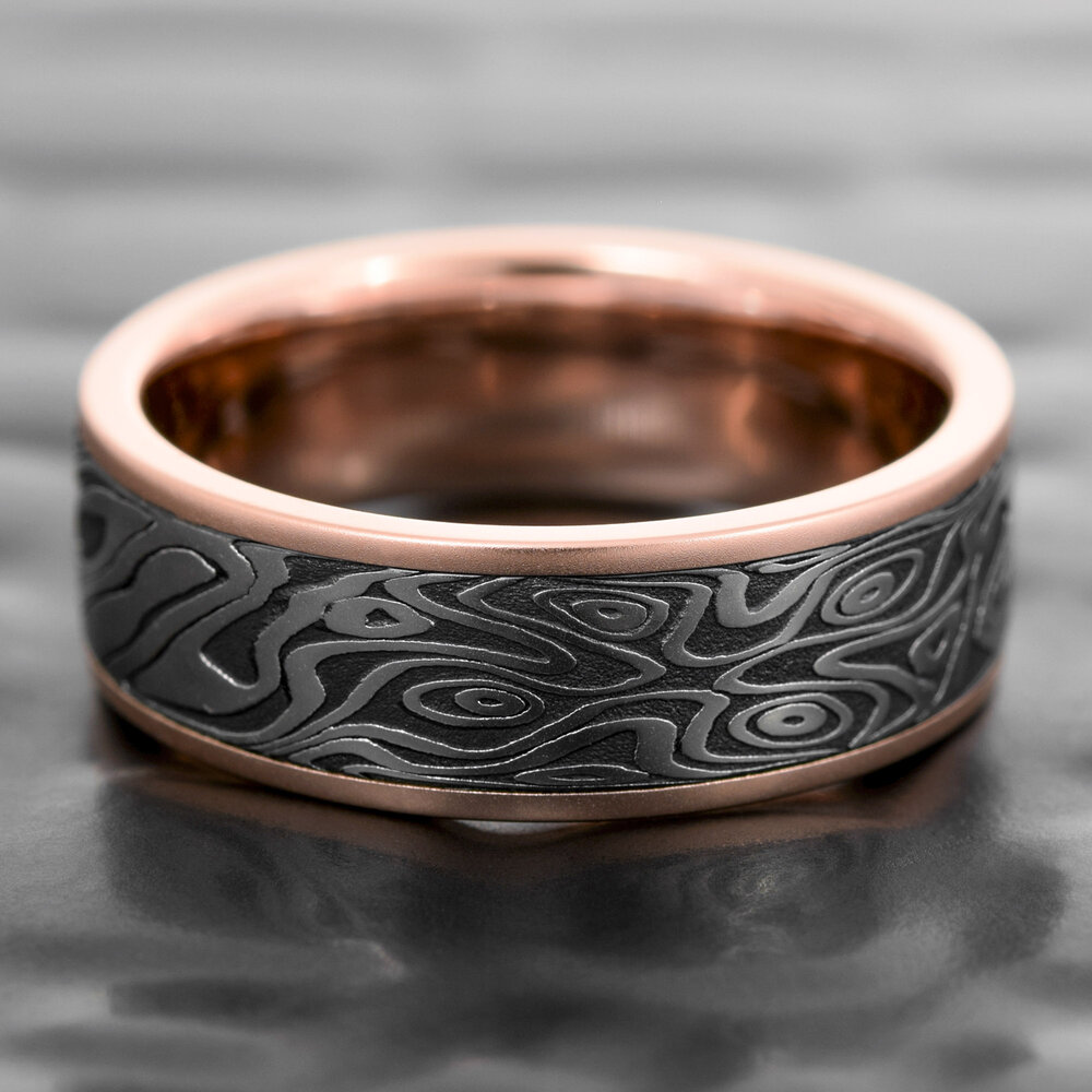 Flat Damascus Steel Ring with Offset 14K Rose Gold Inlay and Oxide Finish