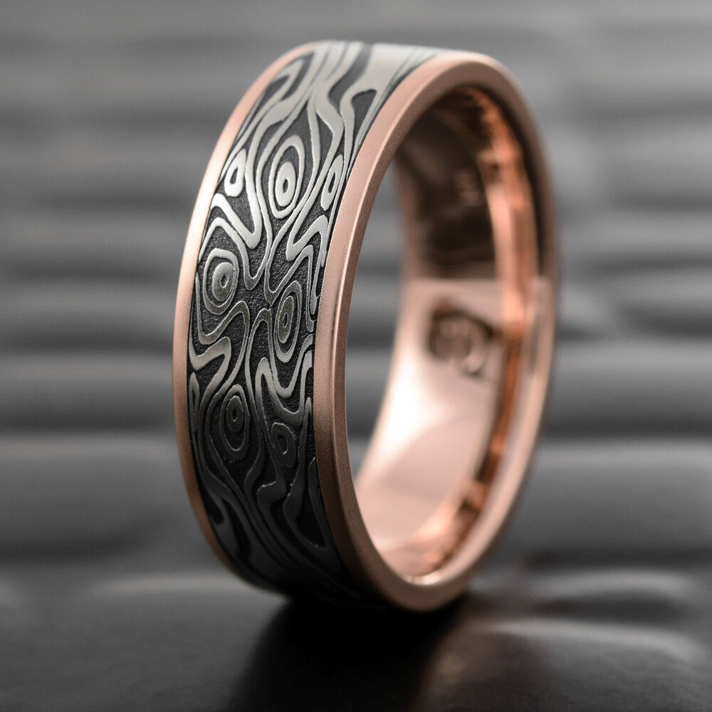Contemporary Handmade Men/'s Occasional Gift and Wedding Damascus Steel Mokume Gane Ring